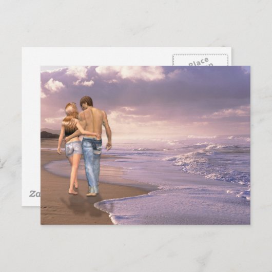 Paar in Liebe Spazieren am Strand in den Sonnenunt Postkarte (Vorne/Hinten)