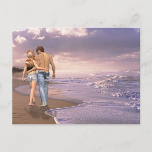 Paar in Liebe Spazieren am Strand in den Sonnenunt Postkarte (Vorderseite)