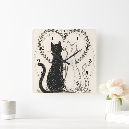 Paar Katzen in Liebe mit Blumenkohl Quadratische Wanduhr (Zuhause)