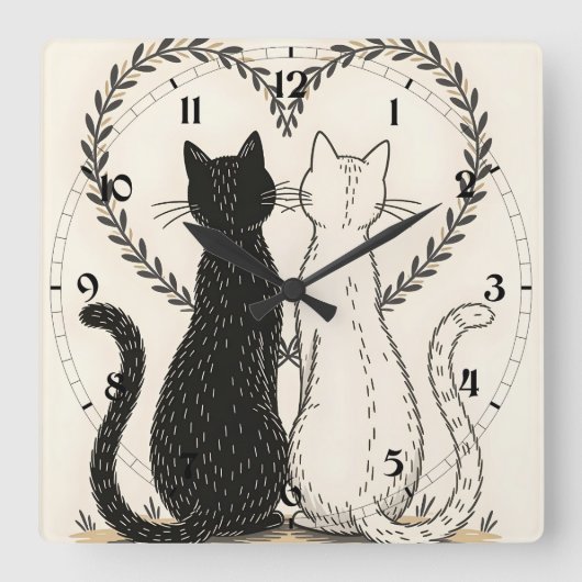 Paar Katzen in Liebe mit Blumenkohl Quadratische Wanduhr (Vorderseite)