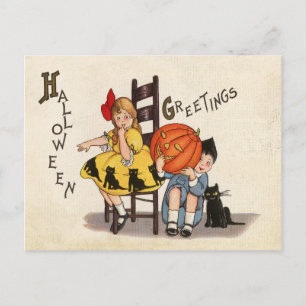 Paar Kinder mit ausgehöhltem Kürbis, Halloween Postkarte