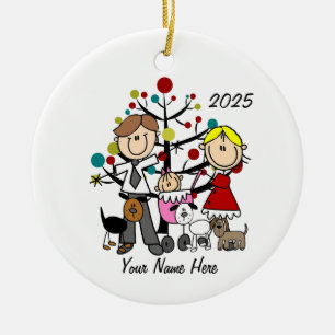 Paar mit Baby Girl Drei Hunde Keramik Ornament