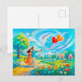 Paar mit Herzballons im windigen Park Postkarte (Vorne/Hinten)