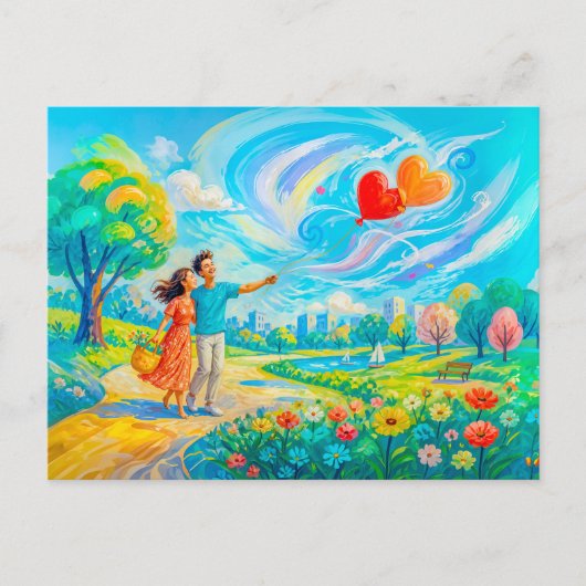 Paar mit Herzballons im windigen Park Postkarte (Vorderseite)