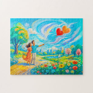 Paar mit Herzballons im windigen Park Puzzle