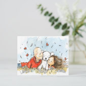 Paar mit weißer Welpe Postkarte (Stehend Vorderseite)