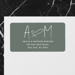 Paar-Monogramm Herz Grüne Rücksendeadresse Adressaufkleber