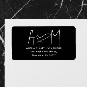 Paar-Monogramm Herz Schwarze Rücksendeadresse Adressaufkleber