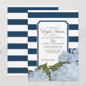 Paar-Shower Navy Blau Hydrangea Schrift Art Deco Einladung (Vorne/Hinten)
