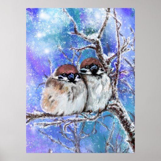 Paar Sparrow in Winterposter Poster (Vorne)