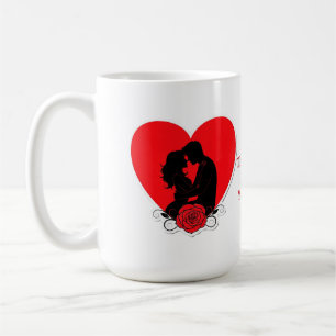 Paar umarmt in rotem Herz mit verzierter Rose Kaffeetasse