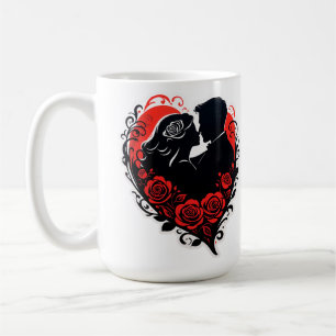 Paar umarmt in rotem Herz mit verzierter Rose Kaffeetasse