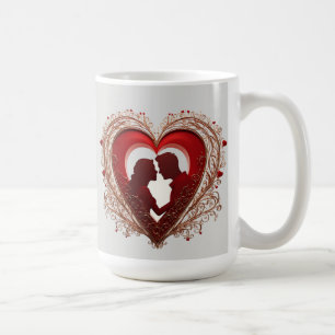 Paar umarmt sich innerhalb eines großen roten Herz Kaffeetasse