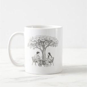 Paar unter Baum beim Kaffeetreffpunkt zum Ausmalen Kaffeetasse