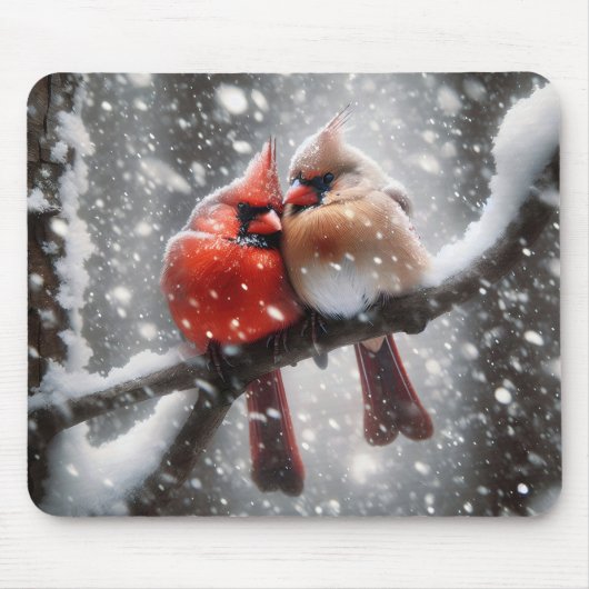 Paar von Kardinälen auf einer verschneiten Zweigst Mousepad (Vorne)