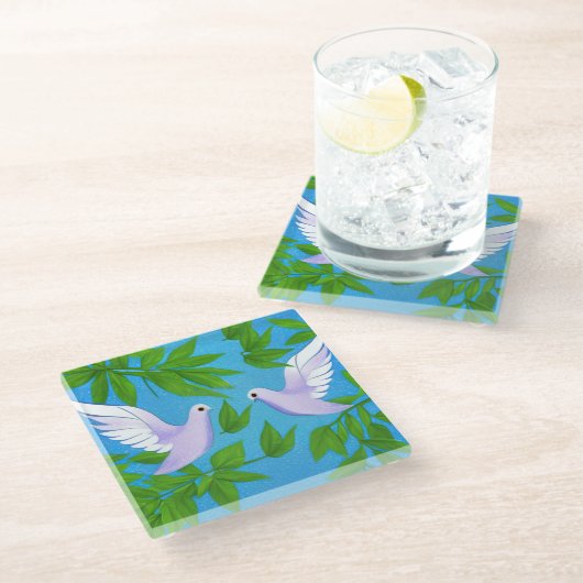 Paar weiße Tauben Glasuntersetzer (Schrägansicht)