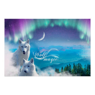 Paar weißer Wölfe mit Nordlicht Poster