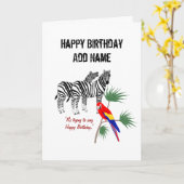 Paar Zebras und Papagei, Geburtstag, anpassen Karte (Gelbe Blume)