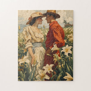 Paar zwischen weißen Lilien Romantische Vintage Puzzle