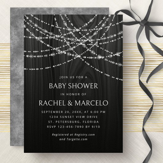 Paare Baby Dusche String Lights Black Rustic Einladung