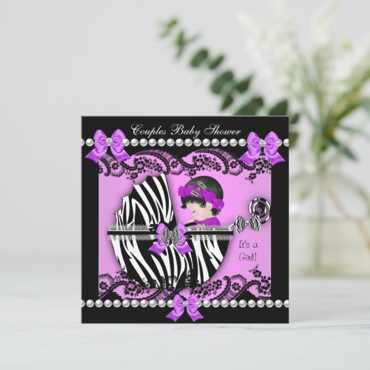 Paare Babydusche Girl Zebra Lila Einladung (Stehend Vorderseite)