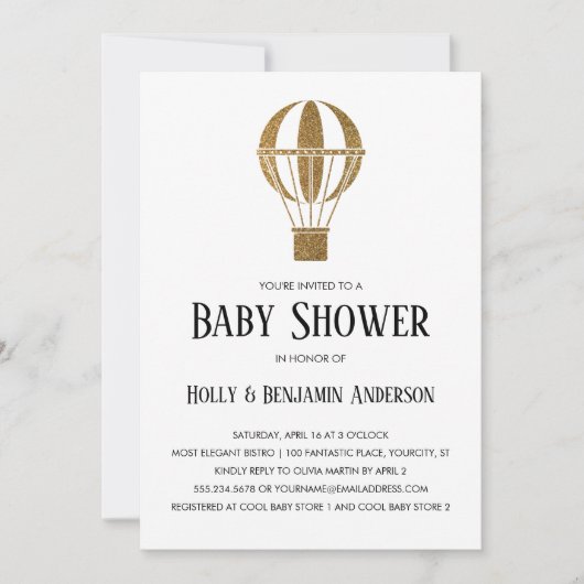 Paare Babydusche Gold Glitzer Heißluftballon Einladung (Vorderseite)