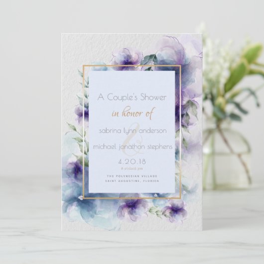 Paare Blue-Violet Translucent Watercolor Blume Einladung (Stehend Vorderseite)