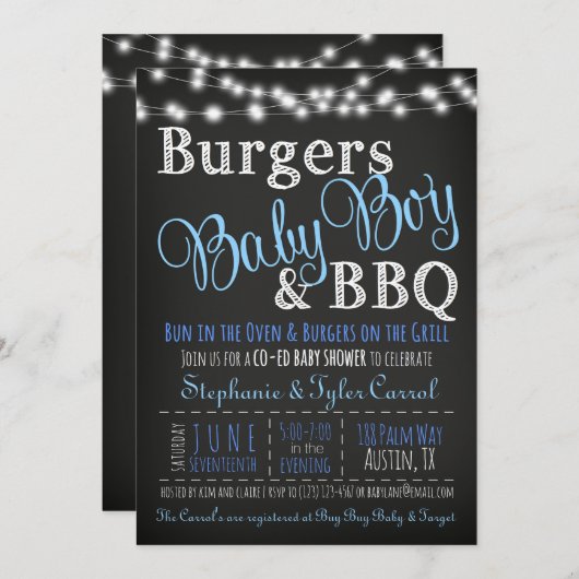 Paare Coed Burger Baby Boy GRILLEN Einladung (Vorne/Hinten)