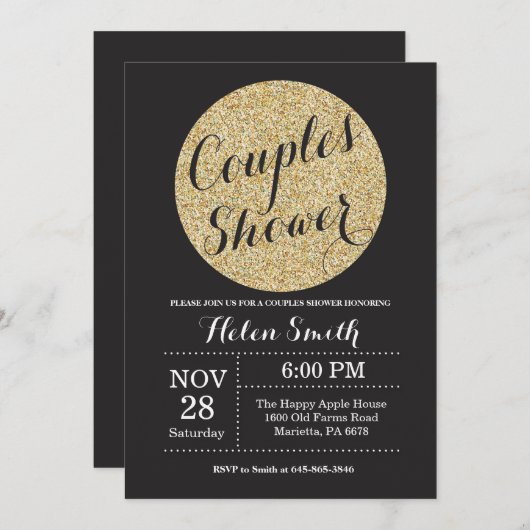 Paare Dusche Black and Gold Glitzer Einladung (Vorne/Hinten)