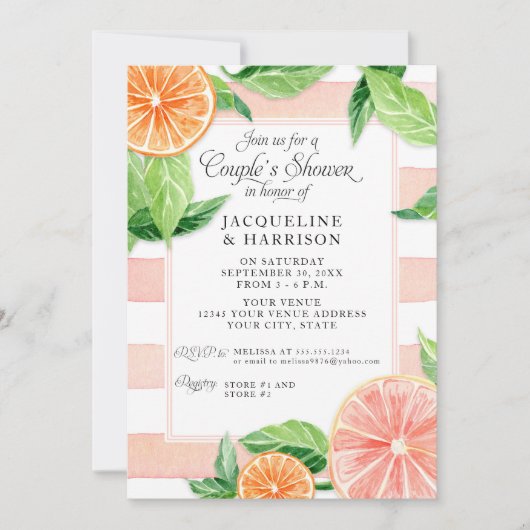 Paare Dusche Citrus Pink Grapefruit Wasserfarbe Einladung (Vorderseite)