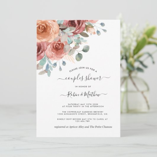 Paare Dusche, duschiges Blau, Pfirsichbäume Einladung (Stehend Vorderseite)