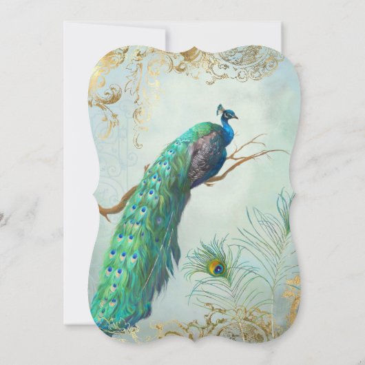 Paare Dusche Gold Leaf Peacock Feathers Elegant Einladung (Rückseite)