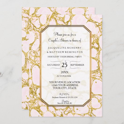 Paare Dusche Marmorpapier Rose Gold Pink Einladung (Vorne/Hinten)