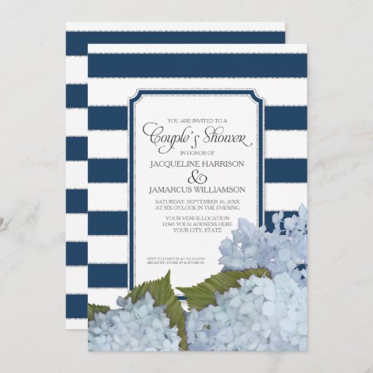 Paare Dusche Navy Blue Hydrangea Script Art Deco Einladung (Vorne/Hinten)