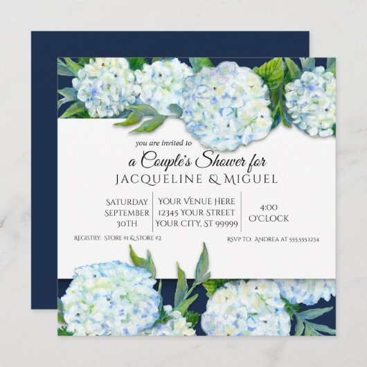 Paare Dusche Navy Blue n White Hydrangea Floral Einladung (Vorne/Hinten)