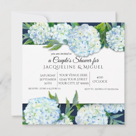 Paare Dusche Navy Blue n White Hydrangea Floral Einladung (Vorderseite)