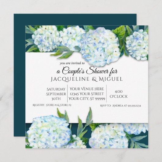 Paare Dusche Peacock Blue White Hydrangea Floral Einladung (Vorne/Hinten)