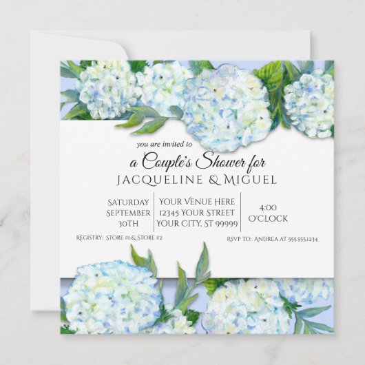 Paare Dusche Periwinkle n White Hydrangea Floral Einladung (Vorderseite)
