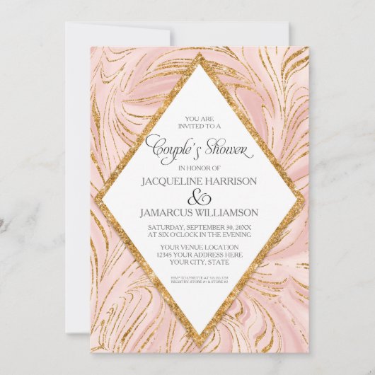 Paare Dusche Rose Gold Imitats Glitzer Marmorblau Einladung (Vorderseite)