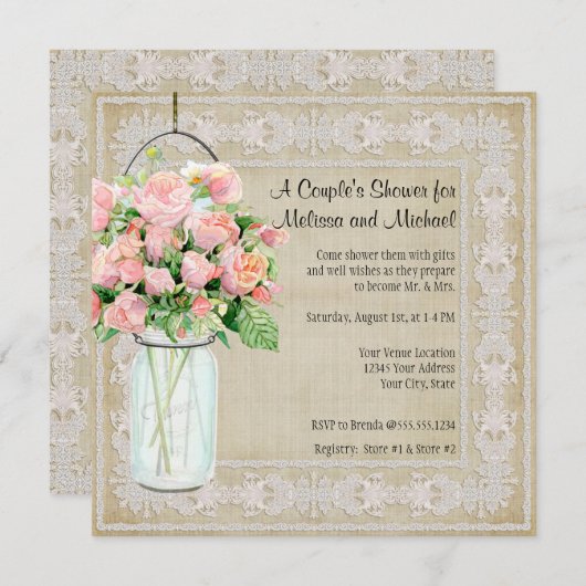 Paare Dusche Rustikale Mason Jar Rose Einladung (Vorne/Hinten)