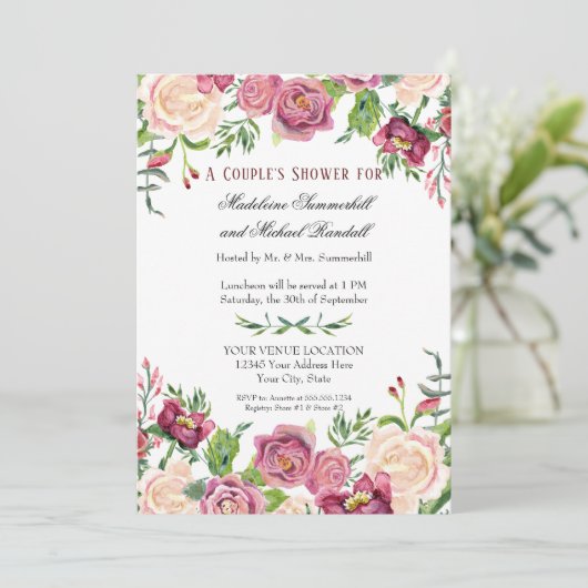 Paare Dusche Wasserfarbe Burgund Blumenbeete Rose Einladung (Stehend Vorderseite)