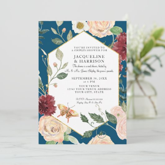 Paare Dusche Wasserfarbe Peacock Blauer Rose Einladung (Stehend Vorderseite)