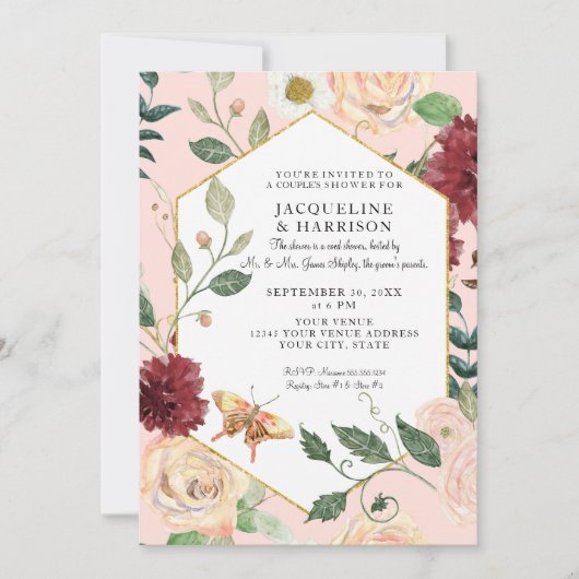 Paare Dusche Wasserfarbe Rosa Korallen Kunst Einladung (Vorderseite)