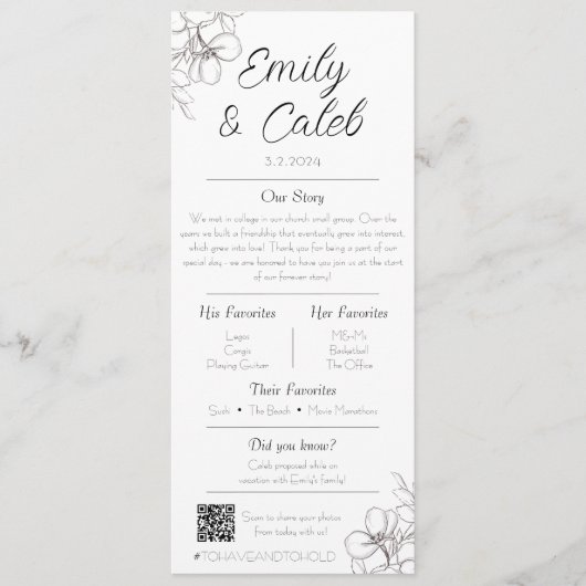 Paare Fakten Schwarz-Weiß-Blütenhochzeit Programm (Vorderseite)