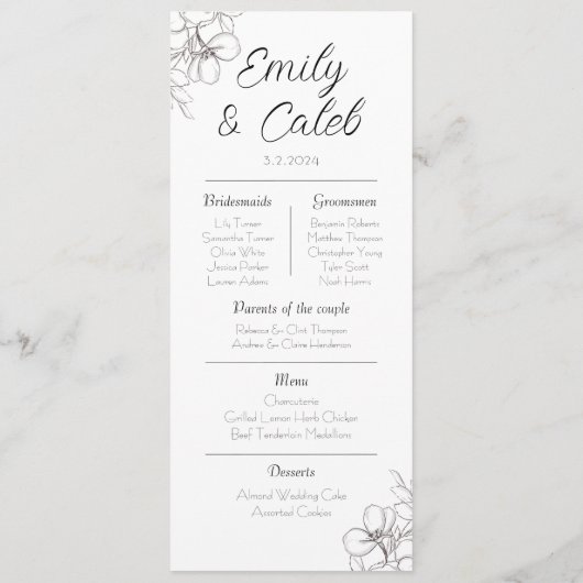 Paare Fakten Schwarz-Weiß-Blütenhochzeit Programm (Rückseite)