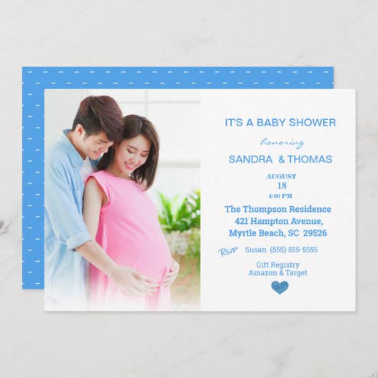 Paare Foto Blue Baby Dusche Einladung (Vorne/Hinten)