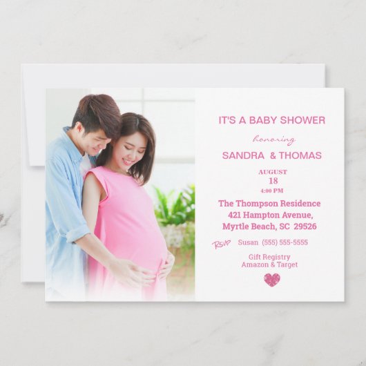 Paare Foto Pink Baby Dusche Einladung (Vorderseite)