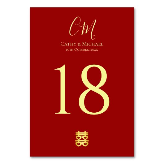 Paare Initialen moderne chinesische Hochzeit rot Tischnummer (Rückseite)