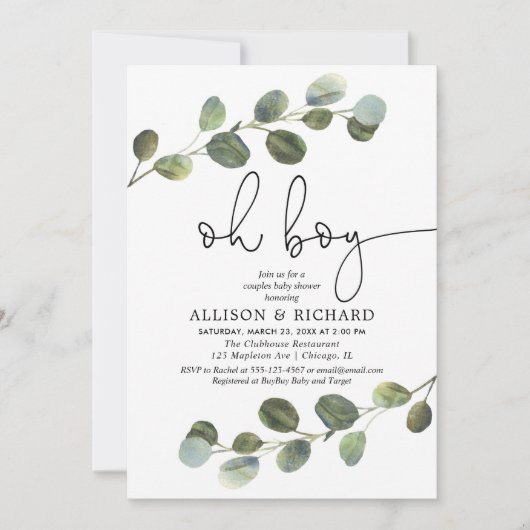 Paare Junge Dusche Eukalyptus grün modern Einladung (Vorderseite)