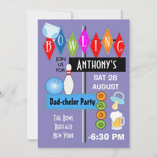 Paare Kinderdusche Vater-Chelor Retro Bowling Part Einladung (Vorderseite)